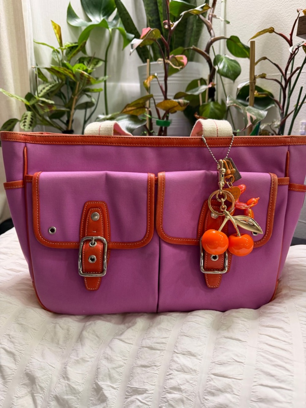 Coach Pink Tote with Orange Trim and Cherry Charm